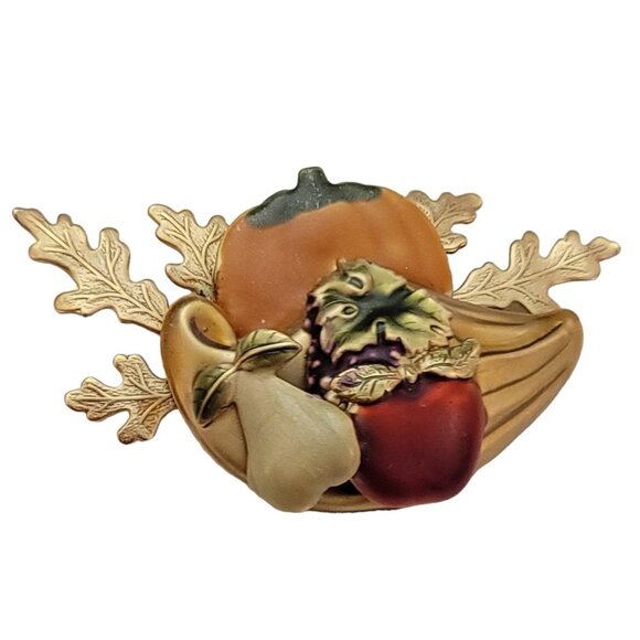 Gold Tone Red Orange Enamel Cornucopia Autumn Pumpkin Leaf Pin Brooch K121 - Picture 2 of 9